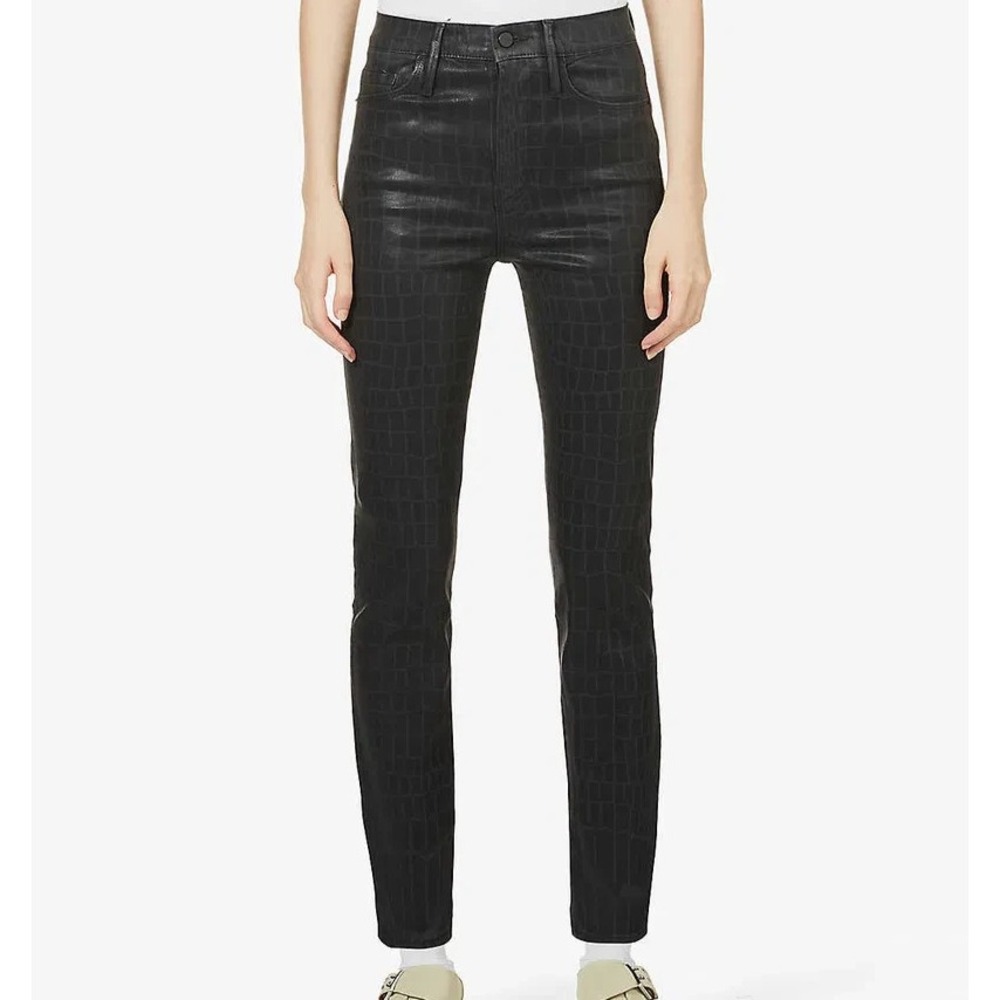 FRAME Le Sylvie Slender Straight Jeans Size 27x29 Black Croc-Embossed Coated